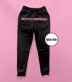 Pretty And Unbothered Sweatpants | Funny Sweatpants | Loungewear | Gift For Her Gift For Him | Cute Sweatpants Unisex Pants Cool Gift for any occasion!~ M A T E R I A L S - 80% US cotton/20% Poly-Ring Spun Yarn - Heavy Weight Fleece - Elastic Waistband - Two Front Pockets & One Back Pocket S I Z I N G - Size chart is available on our listing photos. S H I P P I N G  &  P R O D U C T I O N  T I M E - Production Time is 5 Business Days. (May be delayed during the Holiday Season) - Shipping Time is Trendy Stretch Sweatpants With Letter Print, Fitted Pants With Letter Print For Streetwear, Fitted Letter Print Pants For Streetwear, Stretch Joggers With Letter Print For Loungewear, Stretch Letter Print Joggers For Loungewear, Fitted Sweatpants With Letter Print For Streetwear, Fitted Cotton Sweatpants With Letter Print, Sporty Long Pants With Letter Print, Pink Letter Print Bottoms For Streetwear