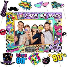 a group of people standing next to each other in front of a birthday photo booth