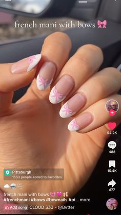 Pink Ribbon Nails, Paznokcie Hello Kitty, Bow Nail Designs, Teen Nails, Bow Nail Art, Kutek Disney, Milky Nails, Nail Looks, Cute Simple Nails