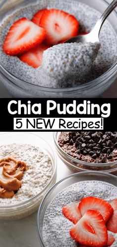 chia pudding in glass bowls with strawberries and chocolate chips