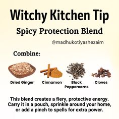 Whip up some fiery protection with this witchy kitchen blend! 🌶️ Ginger and cinnamon pack a punch with their warming properties, while black peppercorns add a layer of banishing power. Cloves, known for their association with strength, complete this magickal shield. ✨ Carry a pouch for on-the-go warding, sprinkle it around your home for a protective barrier, or add a pinch to your spells for an extra boost! 💪 Remember, intention is key, so as you create this blend, focus on the fierce protection you desire. 🔥 Cloves Protection Spell, Spell Pouch Recipes, Witchy Simmer Pots, Cinnamon Meaning Witchcraft, Clove Witchcraft, Spell Pouches, Cinnamon Spells, Everyday Witchcraft, Candle Meanings