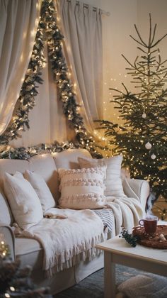 a living room filled with furniture and a christmas tree