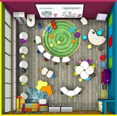 an overhead view of a colorful living room