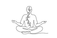 a man sitting in the lotus position with his hands together and holding a plant growing out of it