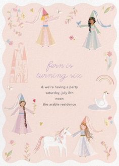 a pink birthday card with princesses and unicorns on it, in the middle