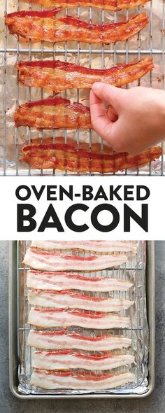 bacon is being cooked in an oven with the words oven - baked bacon on it