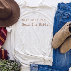 Self Care Tip Read The Bible Christian Tee – Never Lose Hope Designs Christian Boutique Ideas, Cricket Shirt Ideas, Casual Outfits Spring Comfy, Hope Designs, Christian Style, Christian Products, Scripture Shirt, Christian Shirts Designs, Never Lose Hope