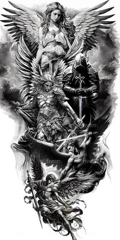 a drawing of two angels and a demon on a white background, with black ink