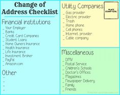 a blue and green checklist with the words change of address