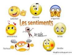 different types of smiley faces with the words les sentiments written in french and english