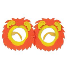 two orange and yellow lion masks with numbers on them