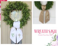 the wreath is hanging on the front door with two ties attached to it, and there are also flowers