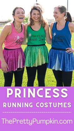 three girls wearing princess costumes with text overlay that reads, princess running costumes the pretty pumpkin