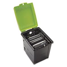 an open tool box filled with tools on top of a white surface in front of a white background