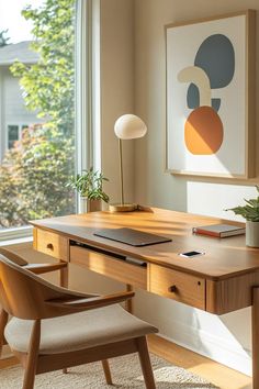 Mid century modern home office with sleek wooden desk integrated technology and vintage chair Wooden Desks, Home Office Designs