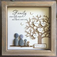 a family is where life begins and love never ends framed in a wooden frame with rocks