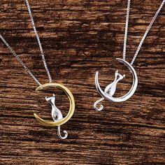 Cat Necklace Gold, Moon Cat, Cat Pendant Necklace, Lovers Necklace, Detailed Necklace, Sterling Silver Cat, Romantic Jewellery, Moon Pendant Necklace, Cat Pendants