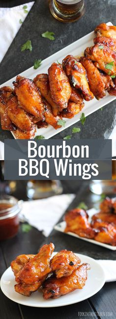 bourbon bbq wings are served on white plates