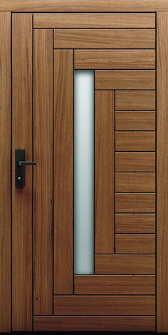 a wooden door with glass inserts on the front and side panels, which are made out of wood