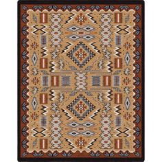 a rug with an orange, blue and brown design on the bottom half of it