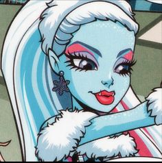 an animated image of a woman with white hair and blue eyes, wearing furs