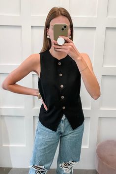 So chic! Our Abby Buttoned Waistcoat Vest has an elevated vibe and looks adorable with denim and flats. Features full-button front. True to size. Allie is 5'8" and is wearing a small. Black Media, Sales Gifts, Dress Shoes, How To Wear, Black