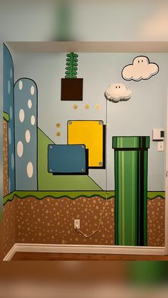 a room painted in the shape of a city with buildings and clouds on the wall