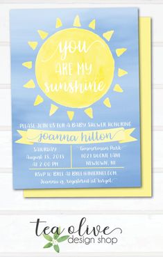 a blue and yellow baby shower with the words you are my sunshine on it