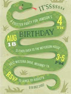 a green snake birthday party card