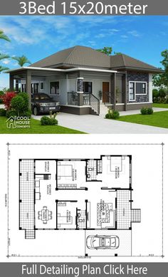 two story house plan with 3 beds and 2 bathrooms in the front, one bedroom on the