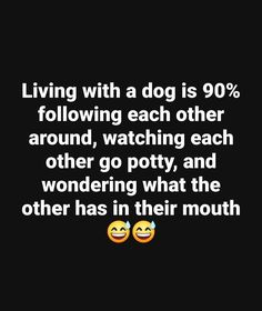 two emoticions with the words living with a dog is 90 % following each other around, watching each other go potty, and wondering what the other has in their mouth