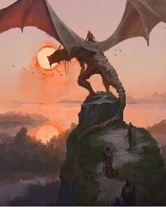 a painting of a dragon standing on top of a cliff with the sun in the background