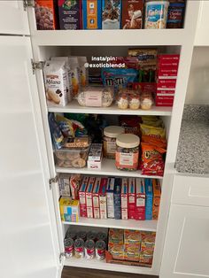 the pantry is stocked with all kinds of food and drinks, along with cereals