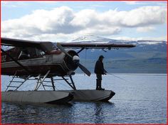 a man standing next to an airplane on top of a body of water with mountains in the background