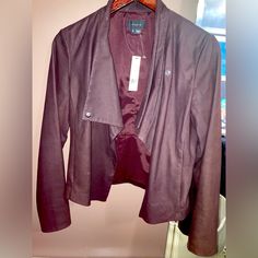 Bnwt 100% Lamb Deep Plum Brown Color Leather Theory Jacket, Size Medium. Armpit To Sleeve 14”, 16” Armpit To Armpit, And 23” In Back Top To Bottom. Retail $1250 Style Kenya In Color Viper. Stunning Light Weight Super Soft And Movable Airy Lamb Leather Jacket With Hanging Collar That Snaps Closed On The Left Shoulder But Otherwise Is Loose Fit And Comfy With A Twist Of Fabulous Making This Bnwt Jacket A Must Have! This Jacket Is Super Cool And Contemporary And The Color Is So Great ! Lamb Leather Jacket, Green Leather Jackets, Lambskin Leather Jacket, Trim Jacket, Leather Moto Jacket, Leather Sleeve, Leather Motorcycle Jacket, Black Leather Jacket, Wool Jacket