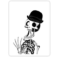 a black and white drawing of a skeleton with a hat on it's head