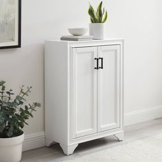 a white cabinet next to a potted plant