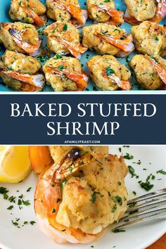 baked stuffed shrimp on a plate with lemon wedges