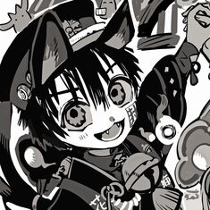 a black and white drawing of an anime character with many other characters in the background