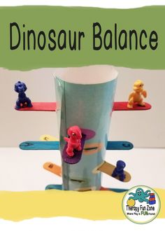 there is a cup with toys in it and the words dinosaur balance are on top