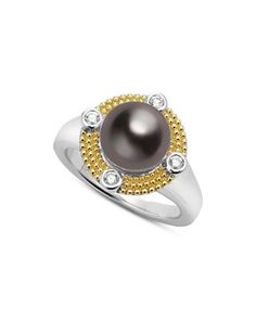 Lagos 18K Yellow Gold & Sterling Silver Luna Black Tahitian Pearl & Diamond Halo Ring Tahitian Black Pearls, Diamond Halo Ring, Tahitian Pearls, Halo Diamond Ring, Pearl Diamond, Halo Ring, Halo Rings, Diamond Halo, Black Rings