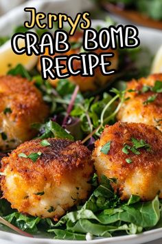 crab cakes on a bed of greens with lemon wedges and parsley in the background