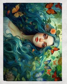 a painting of a woman with blue hair surrounded by butterflies