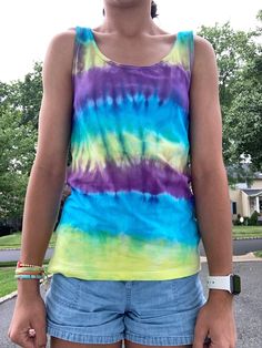 This tank top is perfect for hot summer days! It is cute, stylish, and affordable. Tie Dye Tank Top, Black Tie Dye, Tie Dye Shirt, Striped Tie, Striped Tank Top, Striped Tank, Sleeves (women), Rainbow Stripes, Black Tie