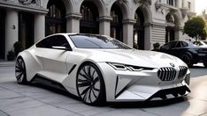 the bmw concept car is parked in front of a building with two other cars behind it