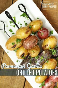 grilled potatoes with parsley garnish on top and title overlay reads, pamesan garlic grilled potatoes