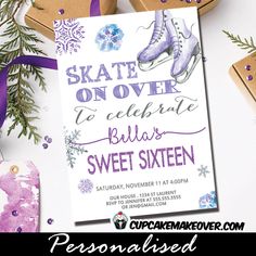 skate on over birthday party flyer with purple and white decorations, presents, and gifts