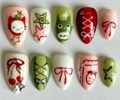 How To Draw Strawberry On Nails, Nail Inspo Coquette, Uñas Coquette, Nails Green