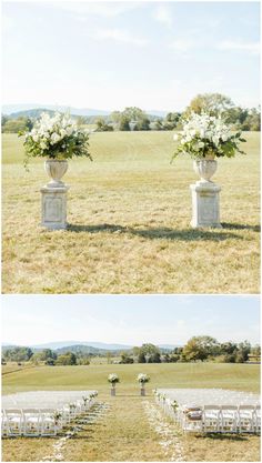 two pictures of chairs and flowers in vases on the grass at an outdoor ceremony