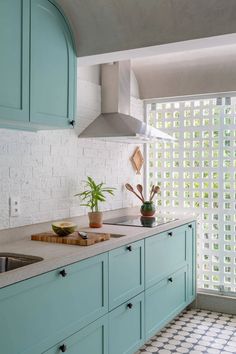 a kitchen with blue cabinets and a white brick wall behind the counter top, has a potted plant on it